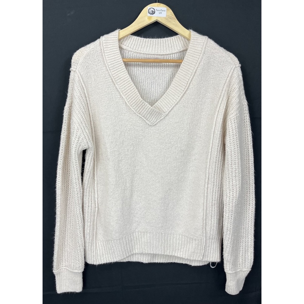 EUC SO Goods For Life Women's Cream V-Neck Knit Sweater Cotton Blend Soft Size S